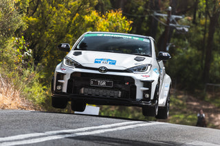 GR Yaris Gen 2 Rally.2 Hood Vents, on a GR Yaris jumping during Australia Adelaide Rally, front view
