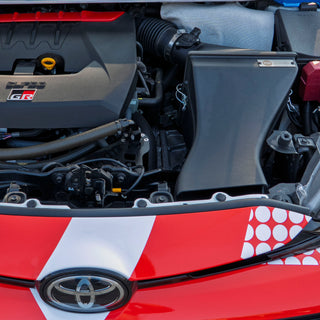 GR Yaris engine bay with open hood, shows PIRAS Motorsport Airbox installed, front view 